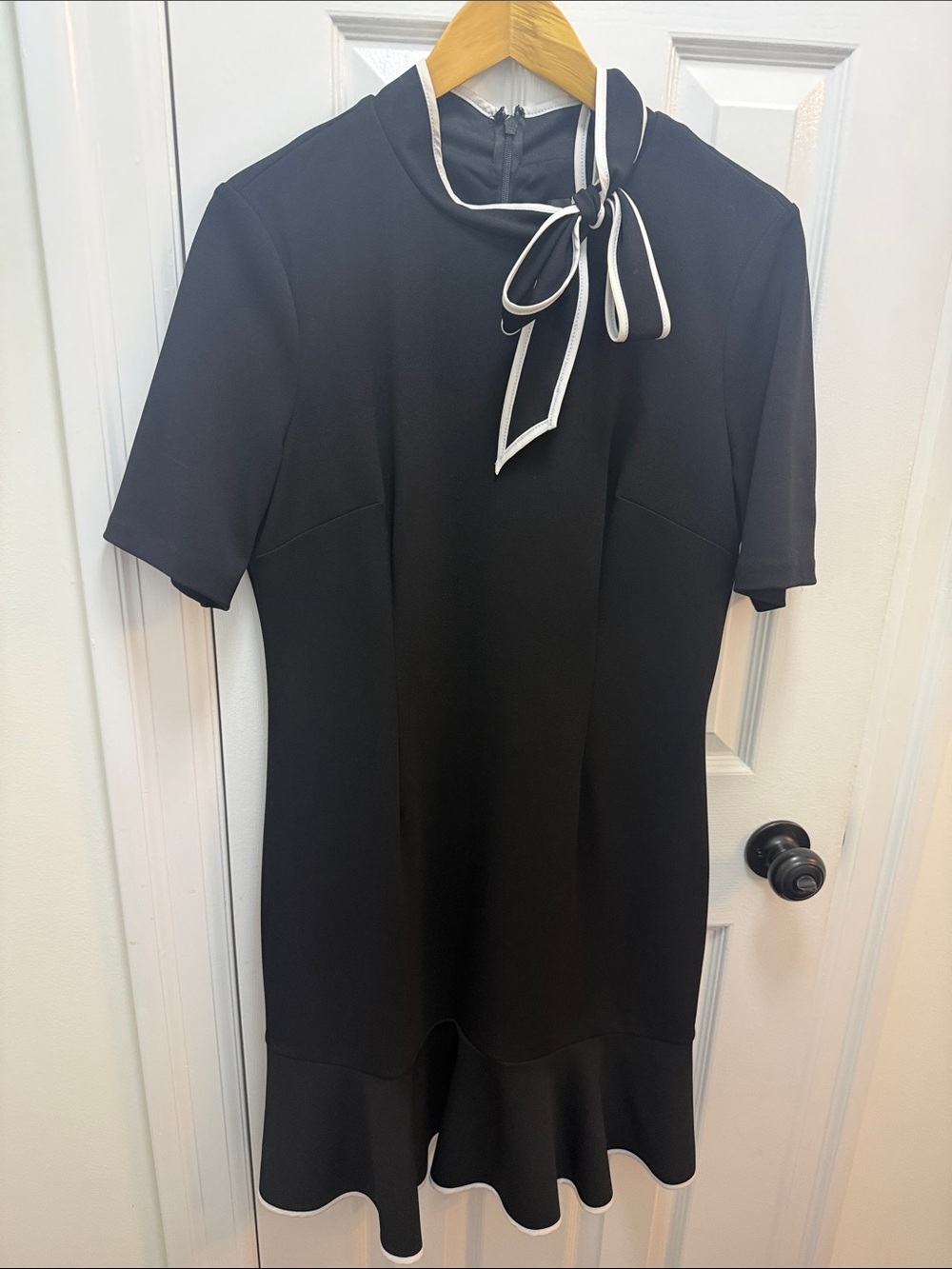 Adrianna Papell Black Short-Sleeve Bow-Neck Fit-and-Flare Dress